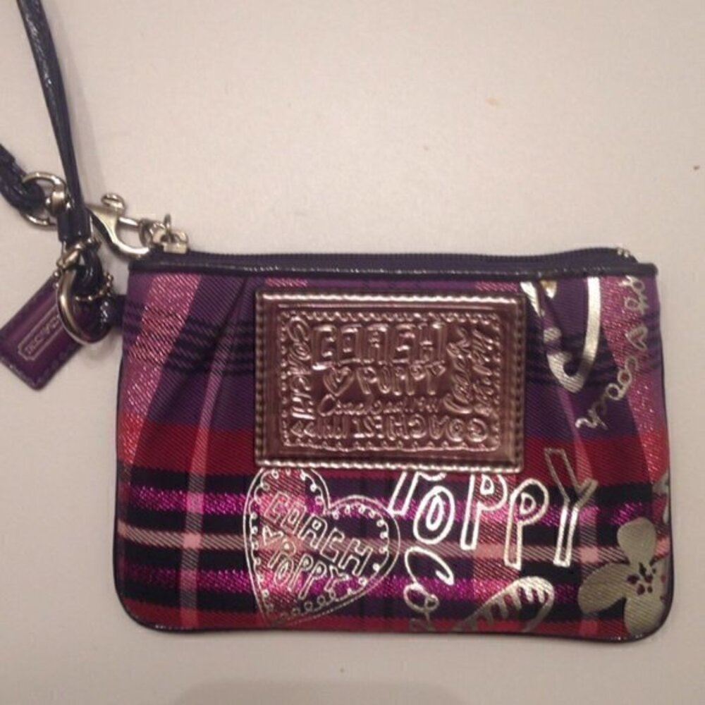 COACH POPPY PURPLE PINK PLAID WRISTLET